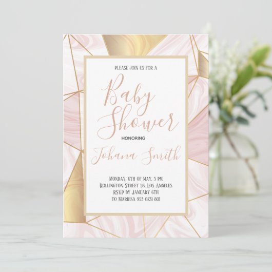 Marmeren Roze Goud Wit Meisje Baby shower Uitnodig Kaart (Staand voorkant)