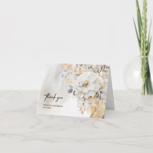 Marmeren Steen Goud Grijs Goud Bloemen Bruiloft FO Bedankkaart (Voorkant)