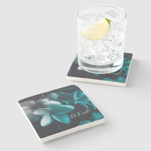 Marmeren stenen onderzetter met turquoise bloemend (Zijkant)