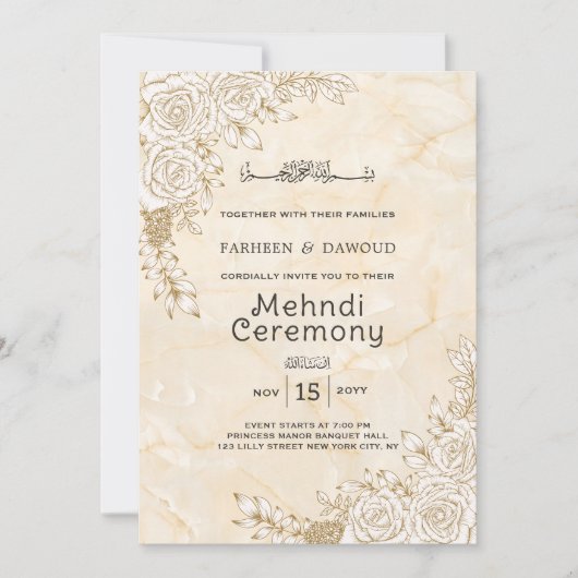 Marmeren textuur Bloemen Kant Moslim Mehndi Ceremo Kaart (Voorkant)