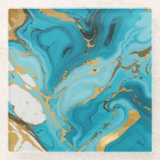 Marmeren textuur Turquoise en Goud Zilver Glazen Onderzetter (Voorkant)