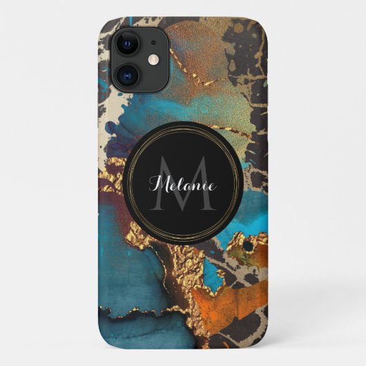 Marmeren Turquoise Goud Zwart Waterverf Naam Monog Case-Mate iPhone Case (Achterkant)