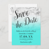 Marmeren turquoise ombre bruiloft Bewaar de datum Aankondigingskaart (Voorkant / Achterkant)