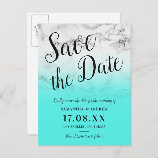 Marmeren turquoise ombre bruiloft Bewaar de datum Aankondigingskaart (Voorkant / Achterkant)