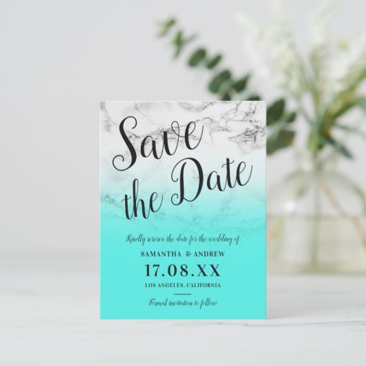 Marmeren turquoise ombre bruiloft Bewaar de datum Aankondigingskaart (Staand voorkant)