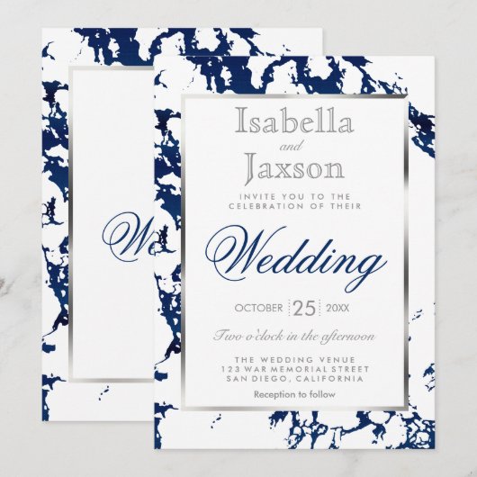 Marmeren uitnodiging in Navy blauw, zilver & wit (Voorkant / Achterkant)