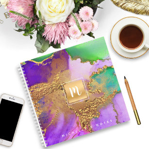 Marmeren waterverf gouden paarse aqua monogram vie notitieboek