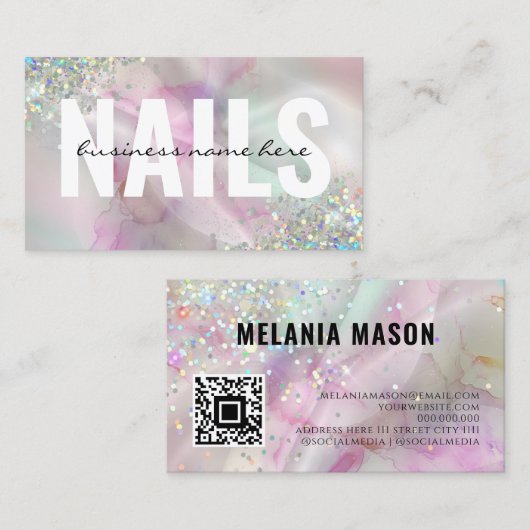 Marmeren Waterverf Holografische Glitter QR Code N Visitekaartje (Voorkant / Achterkant)