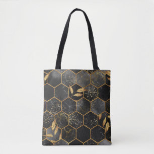 Marmeren zeshoek, gouden bladeren textuur. tote bag
