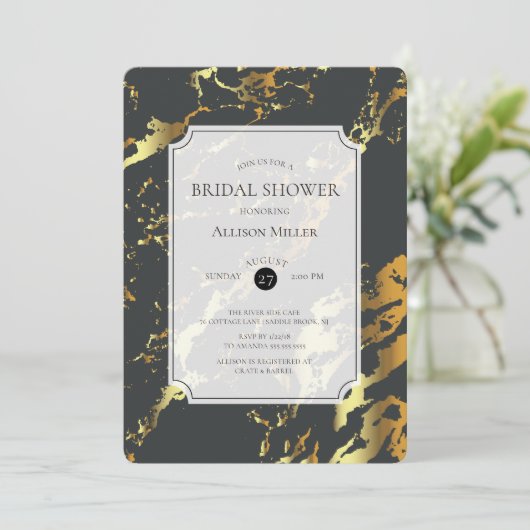 Marmeren Zwart Goud Bruids Douche Uitnodiging (Staand voorkant)