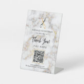 Marmeren Zwart Gouden Schaar QR Code Betalen Hier Reclamebord Met Voetstuk (Voorkant)