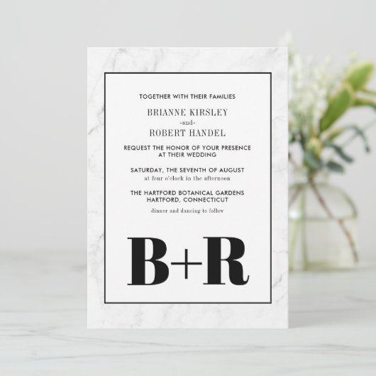 Marmeren Zwart & Wit Monogram Huwelijksuitnodiging Kaart (Staand voorkant)