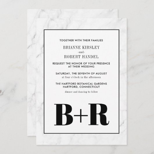 Marmeren Zwart & Wit Monogram Huwelijksuitnodiging Kaart (Voorkant / Achterkant)