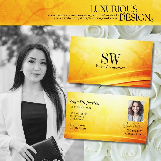 Marmergeel Sinaasappel gebogen decor monogram foto Visitekaartje