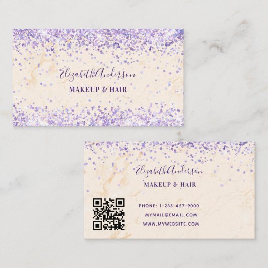 Marmerperzik paarse confetti qr code visitekaartje (Voorkant / Achterkant)