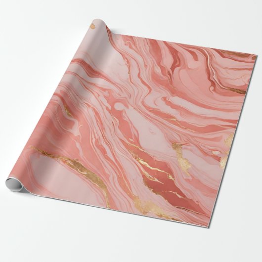 Marmerperzik rood roze goud inpakpapier (Uitgerold)