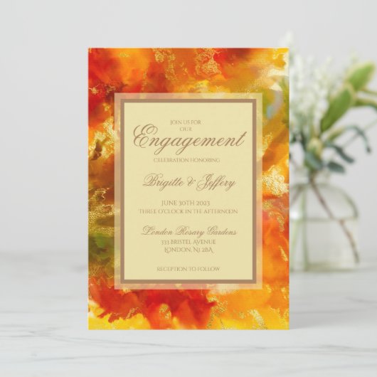 Marmerrood, sinaasappel, goud, geel save the date (Staand voorkant)