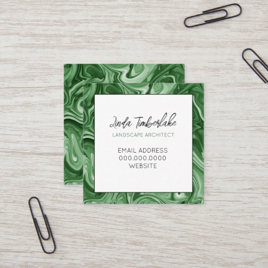Marmerverf GEPERSONALISEERDE Chic Groen Zwart Wit Vierkante Visitekaartje (Voorkant / Achterkant in situ)