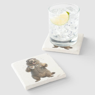 Marmot die thee drinkt stenen onderzetter