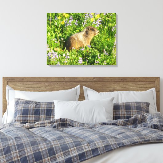 Marmot in Mount Rainier Wildbloemen Canvas Afdruk (Insitu (Slaapkamer))
