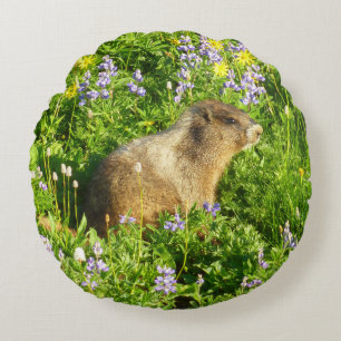 Marmot in Mount Rainier Wildbloemen Rond Kussen