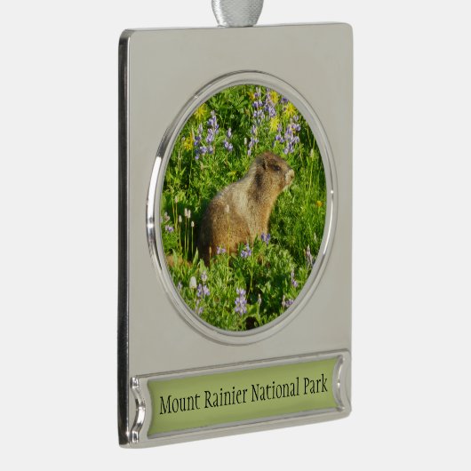 Marmot in Mount Rainier Wildbloemen Verzilverd Banner Ornament (Rechts)