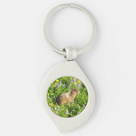 Marmot in Mount Rainier Wilde Bloemen Sleutelhanger (Voorkant)