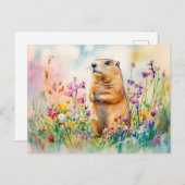 Marmot op een bloemenweide waterverf schilderij briefkaart (Voorkant / Achterkant)