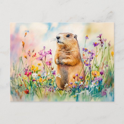 Marmot op een bloemenweide waterverf schilderij briefkaart (Voorkant)