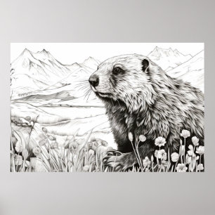Marmot Vreedzame Natuur Prairie Schets Tekenkunst Poster