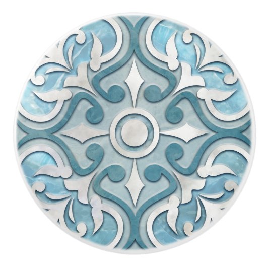 Marokkaans Blauw Marmer & Parel Keramische Knop (Voorkant)