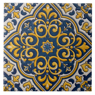 Marokkaans Bloemmotief in Blauw Geel Tegeltje