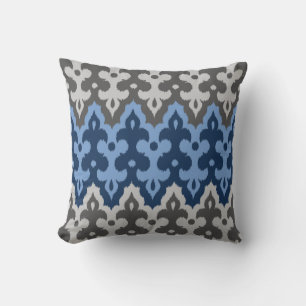 Marokkaans Ikat Damask, blauw en grijs / grijs Kussen