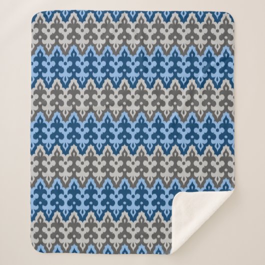 Marokkaans Ikat Damask, blauw en grijs / grijs Sherpa Deken (Voorkant)