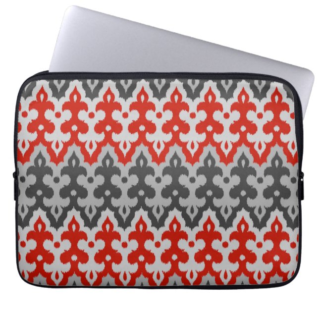 Marokkaans Ikat Damask, Graphite Grey en Red Laptop Sleeve (Voorkant)