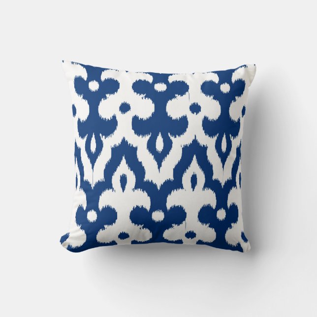 Marokkaans Ikat Damask Pattern, Cobalt Blue en Whi Kussen (Voorkant)