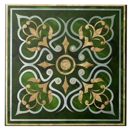 Marokkaans Ornament Groen Marmer & Goud Tegeltje (Voorkant)