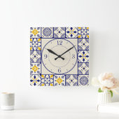 Marokkaans patroon in blauw, geel, crème vierkante klok (Huis)