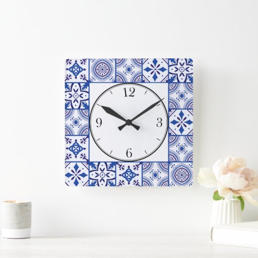 Marokkaans patroon in blauw, wit en zwart vierkante klok (Huis)