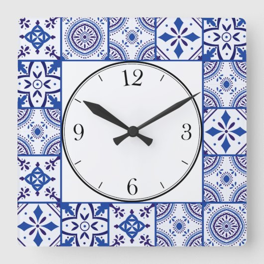 Marokkaans patroon in blauw, wit en zwart vierkante klok (Voorkant)