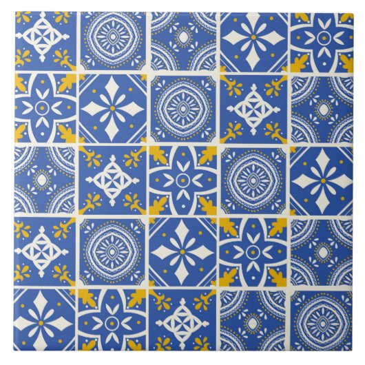 Marokkaans patroon in Blauwgroen blauw, geel, crèm Tegeltje (Voorkant)