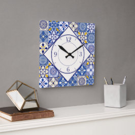 Marokkaans patroon in Blue Yellow Cream Blauwgroen Vierkante Klok