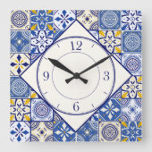 Marokkaans patroon in Blue Yellow Cream Blauwgroen Vierkante Klok (Voorkant)