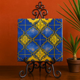 Marokkaans Patroon Vierbladen Blauw en Goud Tegeltje