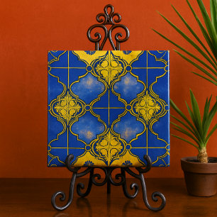 Marokkaans Patroon Vierbladen Blauw en Goud Tegeltje