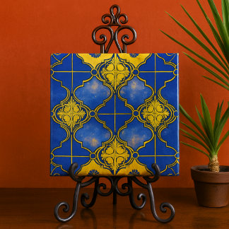 Marokkaans Patroon Vierbladen Blauw en Goud Tegeltje