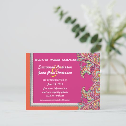 Marokkaans Tangerine & Fuchsia Wedding Save the Da Kaart (Staand voorkant)