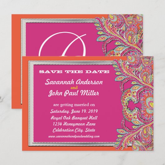 Marokkaans Tangerine & Fuchsia Wedding Save the Da Kaart (Voorkant / Achterkant)