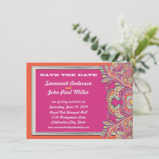 Marokkaans Tangerine & Fuchsia Wedding Save the Da Kaart (Staand voorkant)