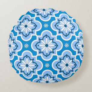 Marokkaans tegelpatroon - Blauw en Wit Rond Kussen